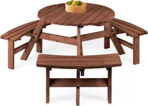 Best Choice Products 6-Person Circular Outdoor Wooden Picnic Table for Patio, Backyard, Garden, DIY w/ 3 Built-in Benches, 500lb Capacity - Walnut Brown