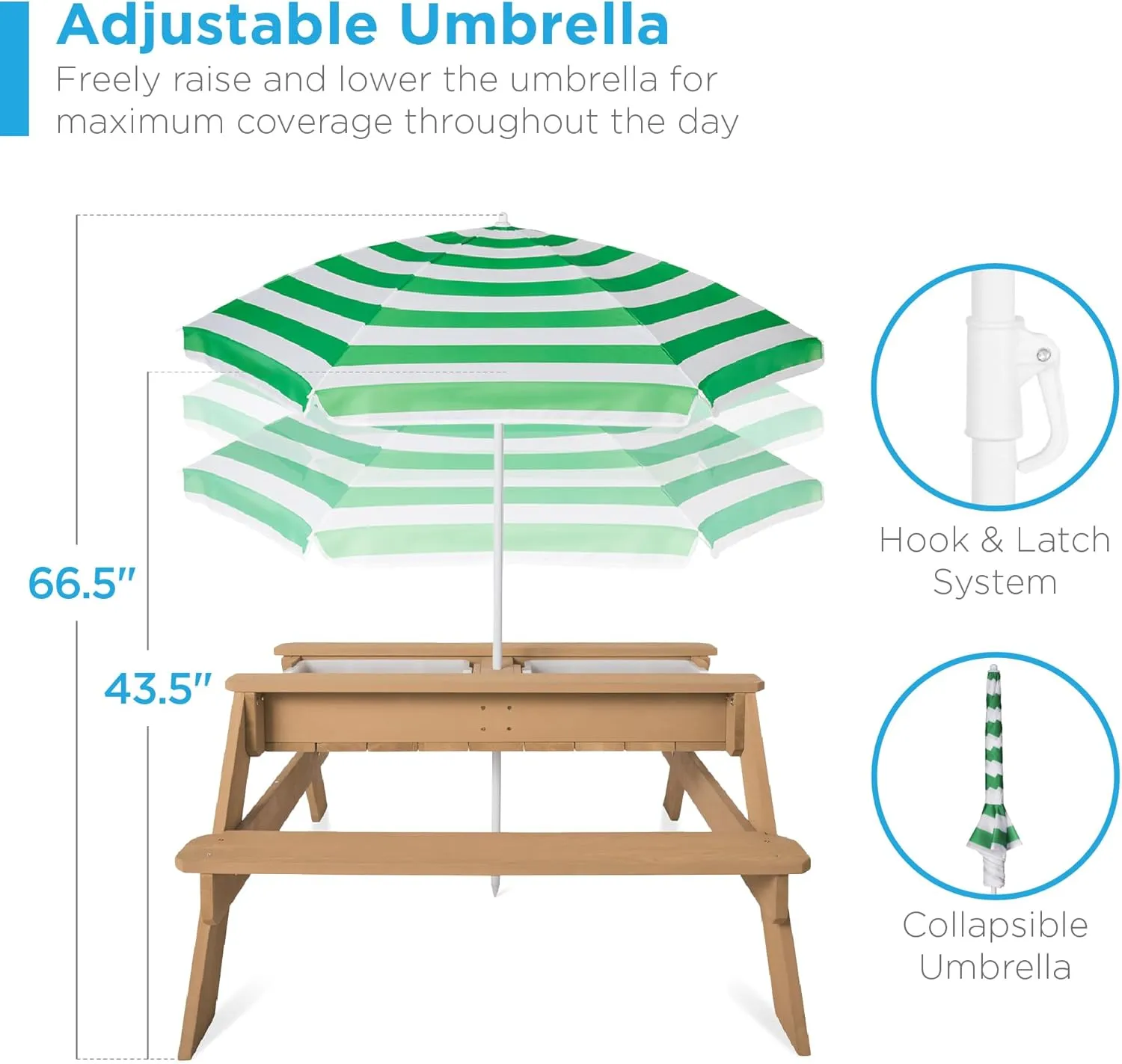Best Choice Products Kids 3-in-1 Sand & Water Table, Wood Outdoor Convertible Picnic Table w/Umbrella, 2 Trays, Removable Top, 220lb Capacity Per Bench -Green