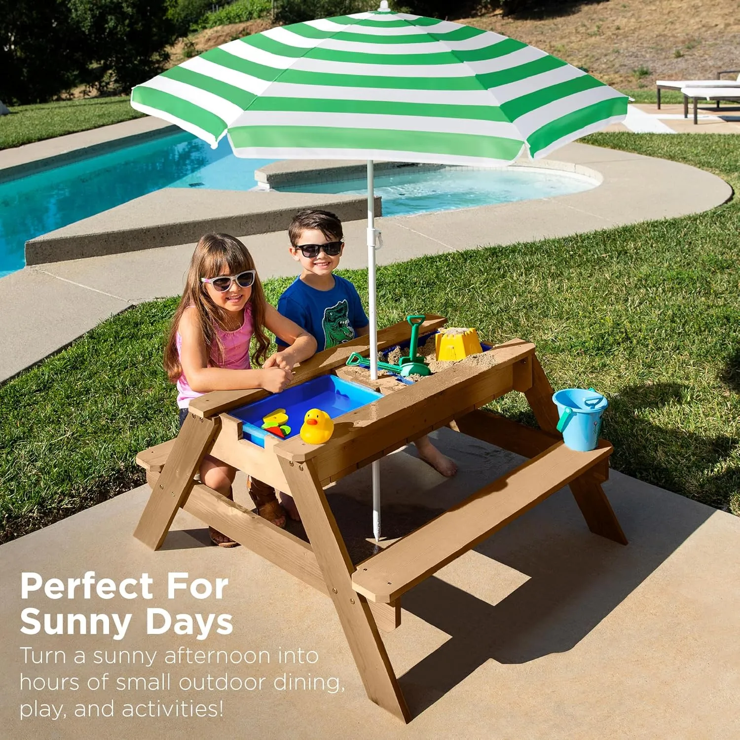 Best Choice Products Kids 3-in-1 Sand & Water Table, Wood Outdoor Convertible Picnic Table w/Umbrella, 2 Trays, Removable Top, 220lb Capacity Per Bench -Green