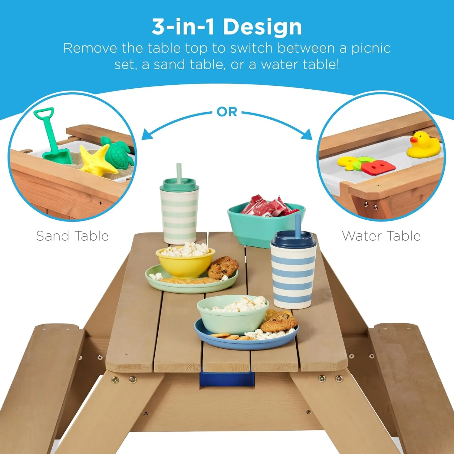 Best Choice Products Kids 3-in-1 Sand & Water Table, Wood Outdoor Convertible Picnic Table w/Umbrella, 2 Trays, Removable Top, 220lb Capacity Per Bench -Green