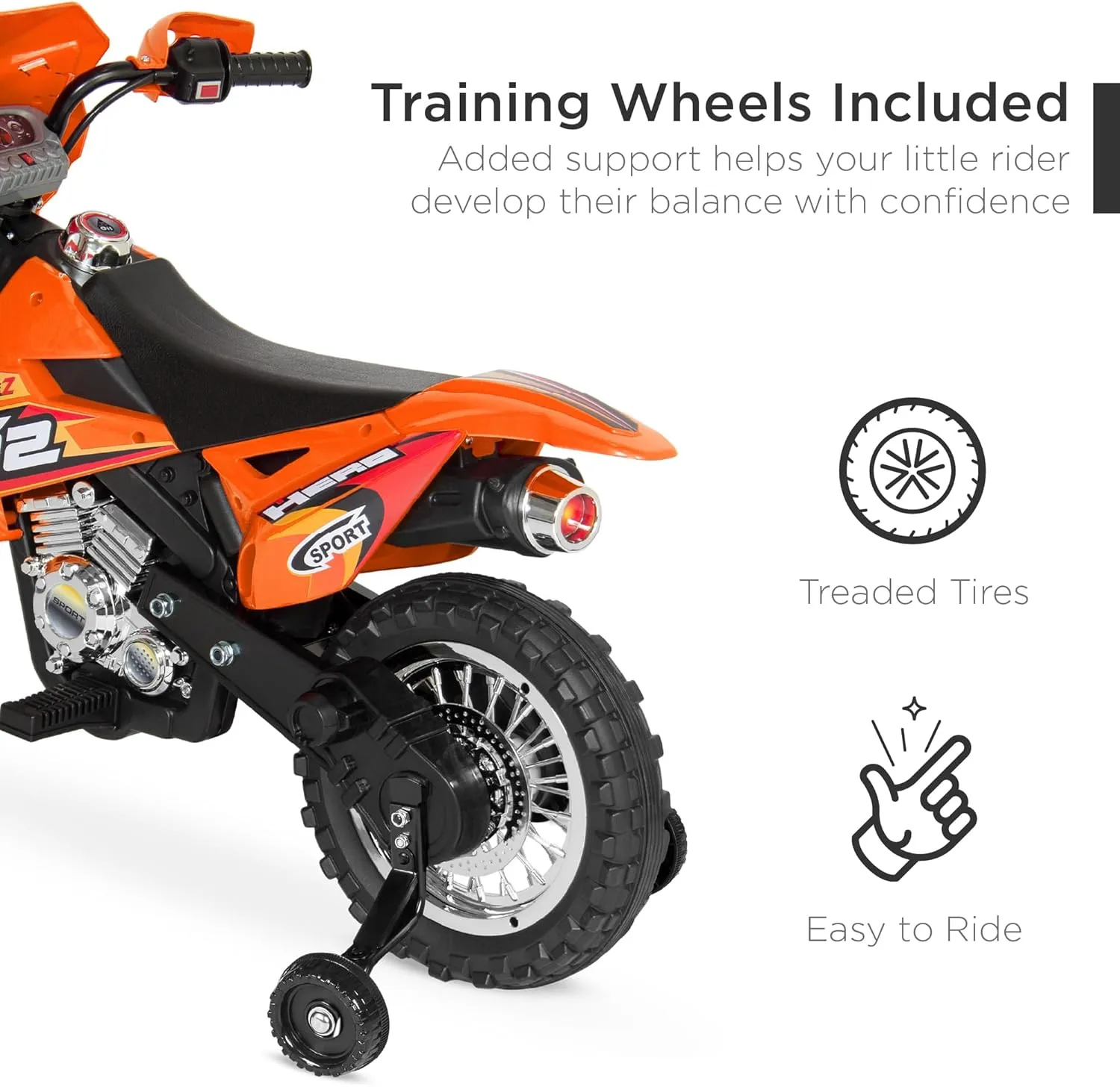 Best Choice Products Kids 6V Ride On Motorcycle w/Treaded Tires, Working Headlights, 2mph Top Speed, Training Wheels, Realistic Sounds, Music, Battery Charger - Orange