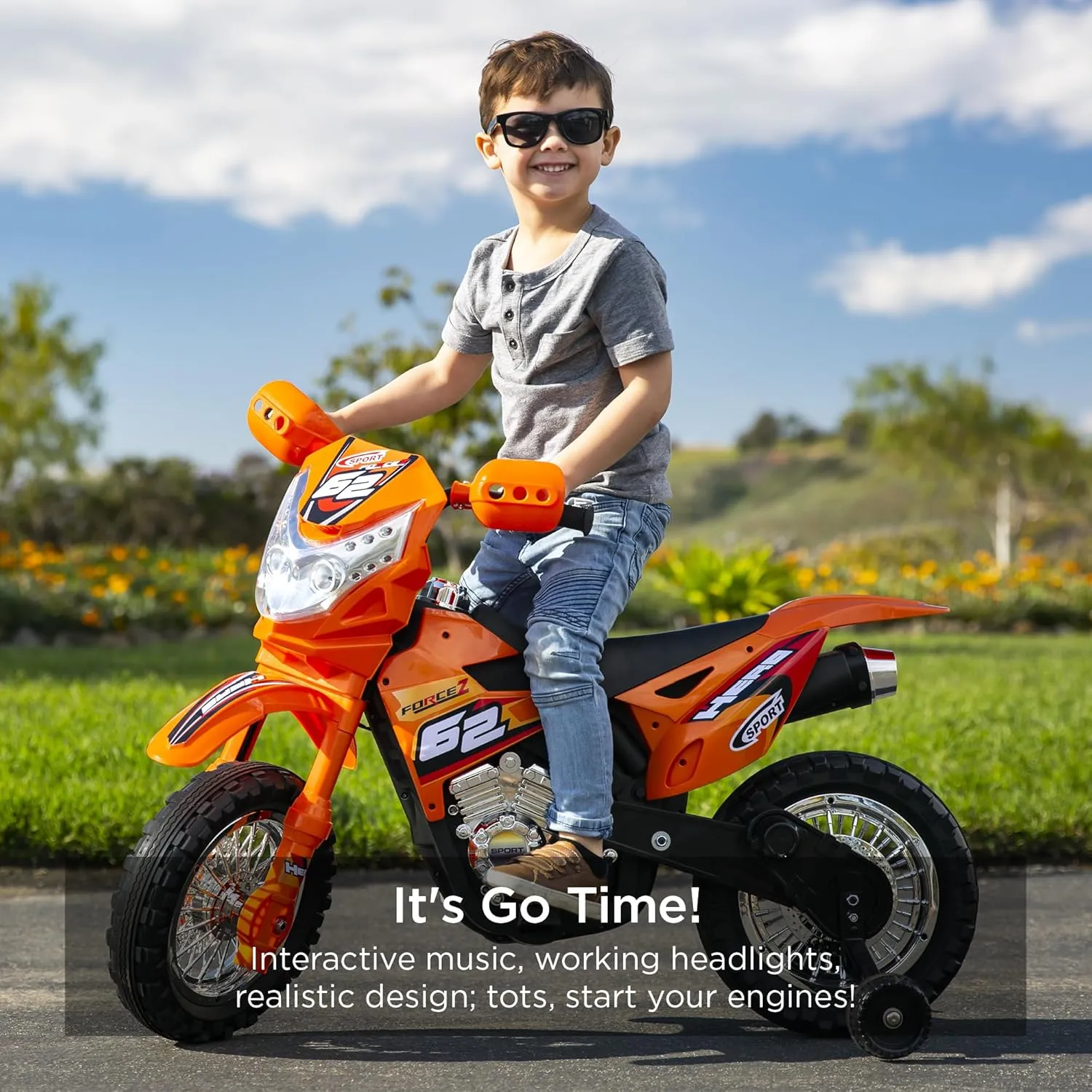 Best Choice Products Kids 6V Ride On Motorcycle w/Treaded Tires, Working Headlights, 2mph Top Speed, Training Wheels, Realistic Sounds, Music, Battery Charger - Orange