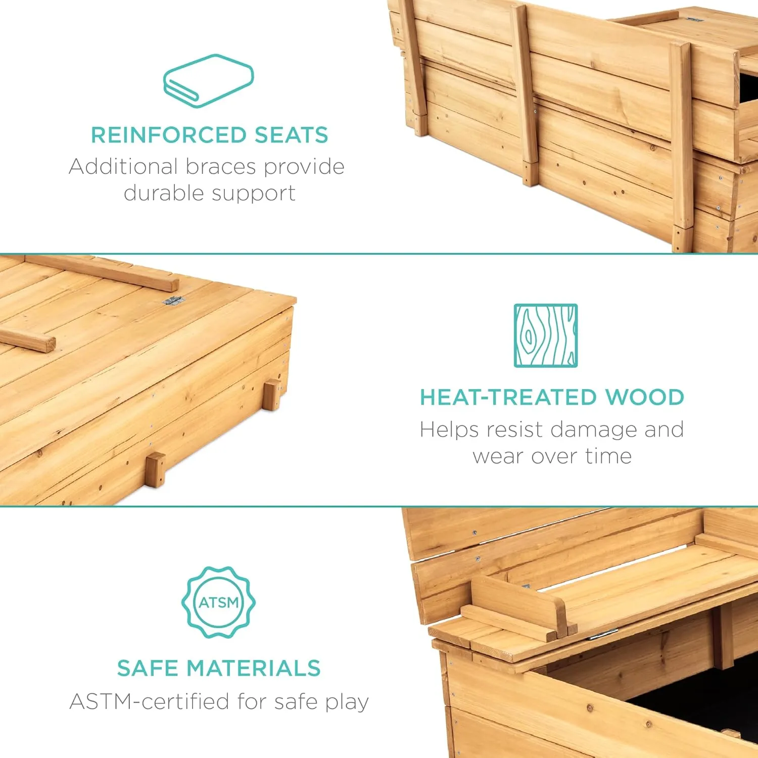 Best Choice Products Kids' Outdoor Wooden Sandbox Large, Cedar Wood with Foldable Bench Seats and Sand Protection, Bottom Liner Included - Natural