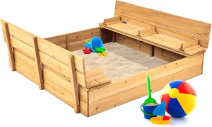 Best Choice Products Kids' Outdoor Wooden Sandbox Large, Cedar Wood with Foldable Bench Seats and Sand Protection, Bottom Liner Included - Natural