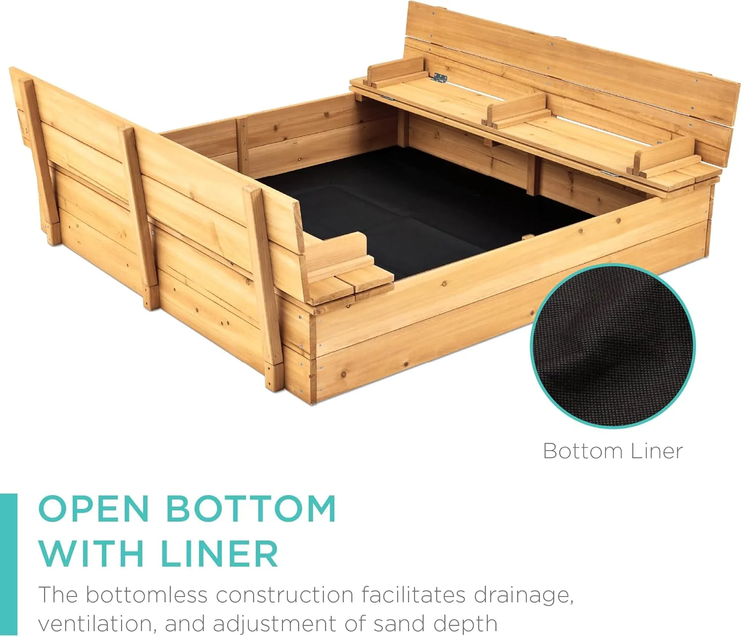 Best Choice Products Kids' Outdoor Wooden Sandbox Large, Cedar Wood with Foldable Bench Seats and Sand Protection, Bottom Liner Included - Natural