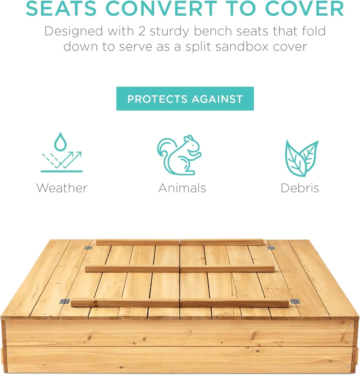 Best Choice Products Kids' Outdoor Wooden Sandbox Large, Cedar Wood with Foldable Bench Seats and Sand Protection, Bottom Liner Included - Natural