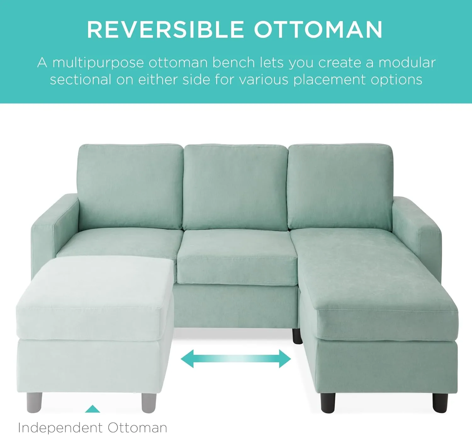 Best Choice Products Upholstered Sectional Sofa for Home, Apartment, Dorm, Bonus Room, Compact Spaces w/Chaise Lounge, 3-Seat, L-Shape Design, Reversible Ottoman Bench, 680lb Capacity - Aqua