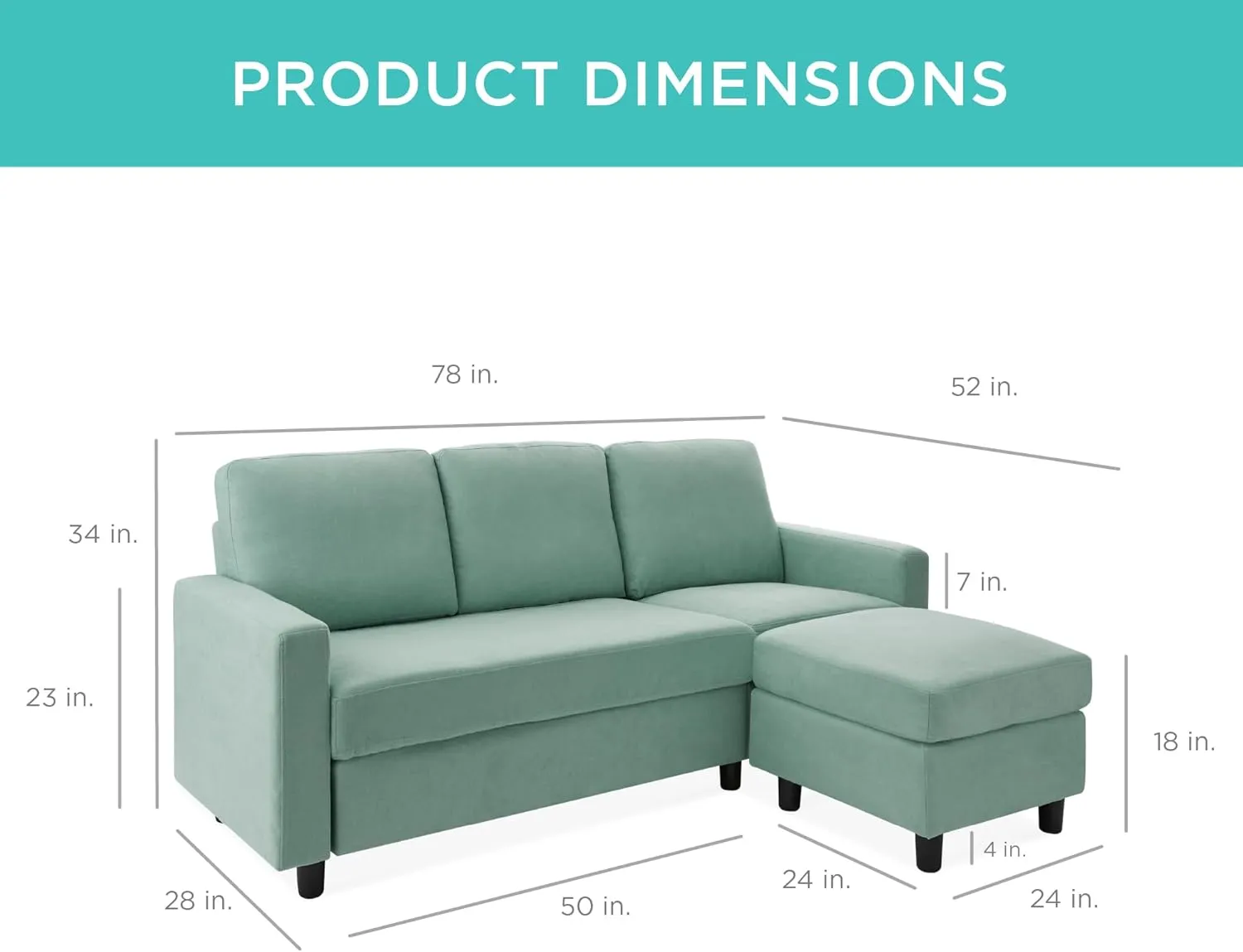 Best Choice Products Upholstered Sectional Sofa for Home, Apartment, Dorm, Bonus Room, Compact Spaces w/Chaise Lounge, 3-Seat, L-Shape Design, Reversible Ottoman Bench, 680lb Capacity - Aqua