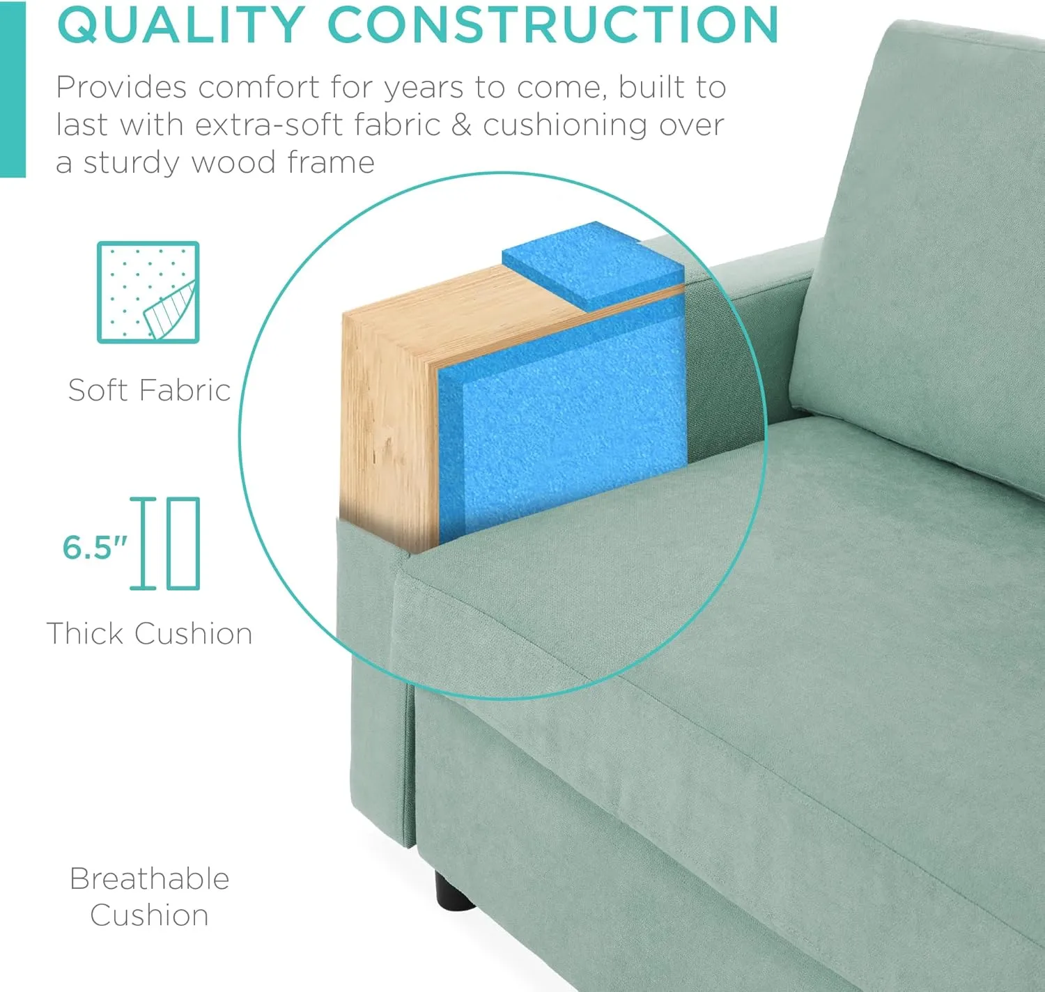 Best Choice Products Upholstered Sectional Sofa for Home, Apartment, Dorm, Bonus Room, Compact Spaces w/Chaise Lounge, 3-Seat, L-Shape Design, Reversible Ottoman Bench, 680lb Capacity - Aqua