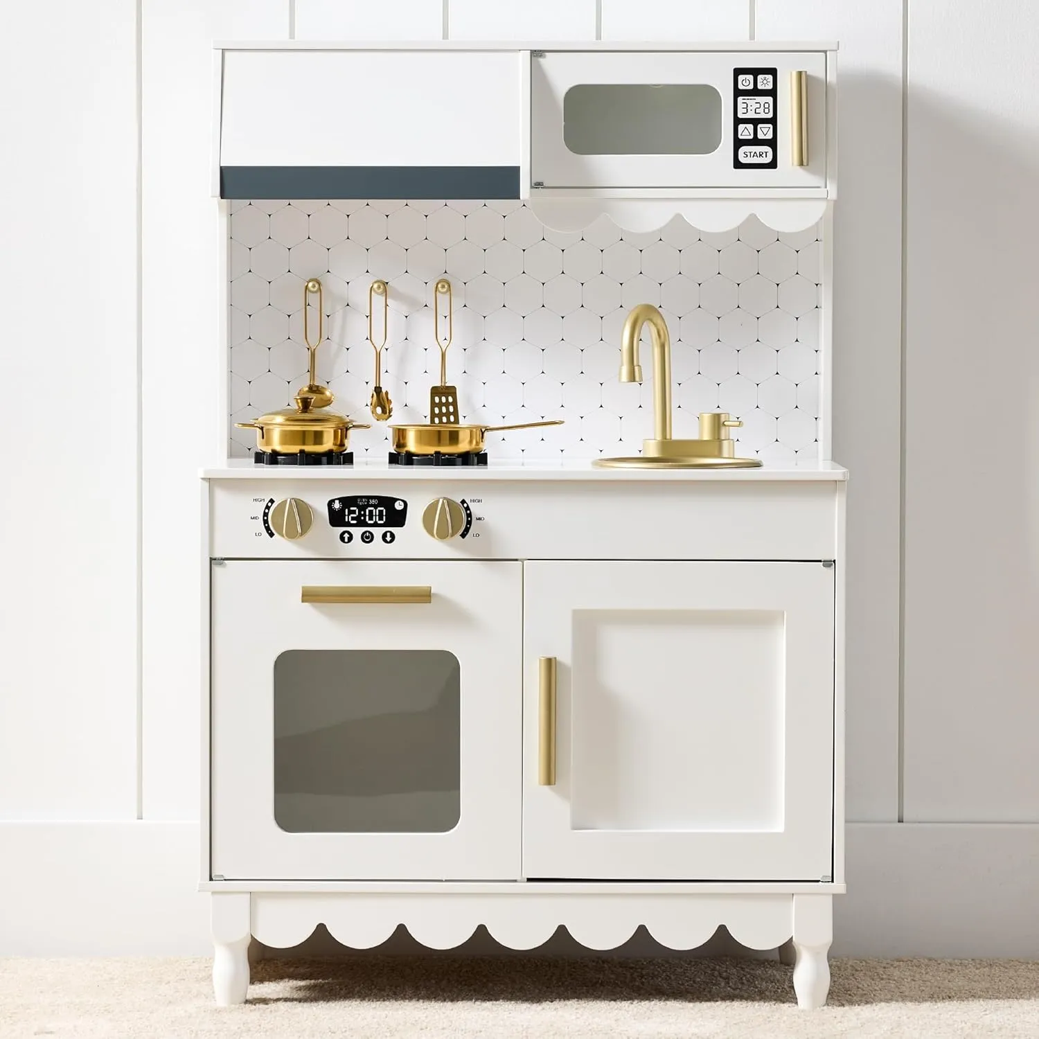 Best Choice Products Wooden Pretend Play Cottage Kitchen Kids Toy w/Storage, Scalloped Edge, 5 Accessories, Microwave, Oven, Clicking Knobs - White