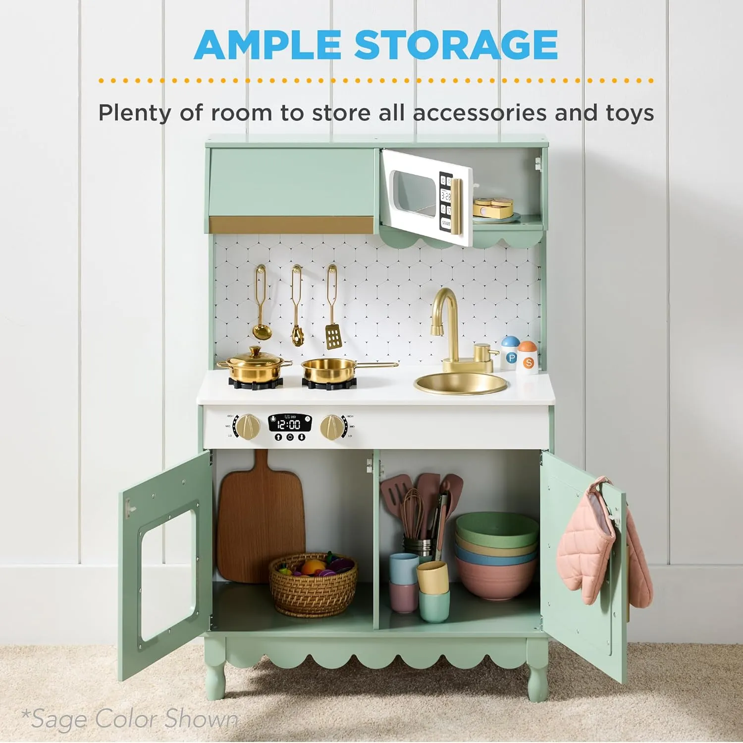 Best Choice Products Wooden Pretend Play Cottage Kitchen Kids Toy w/Storage, Scalloped Edge, 5 Accessories, Microwave, Oven, Clicking Knobs - White