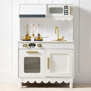 Best Choice Products Wooden Pretend Play Cottage Kitchen Kids Toy w/Storage, Scalloped Edge, 5 Accessories, Microwave, Oven, Clicking Knobs - White