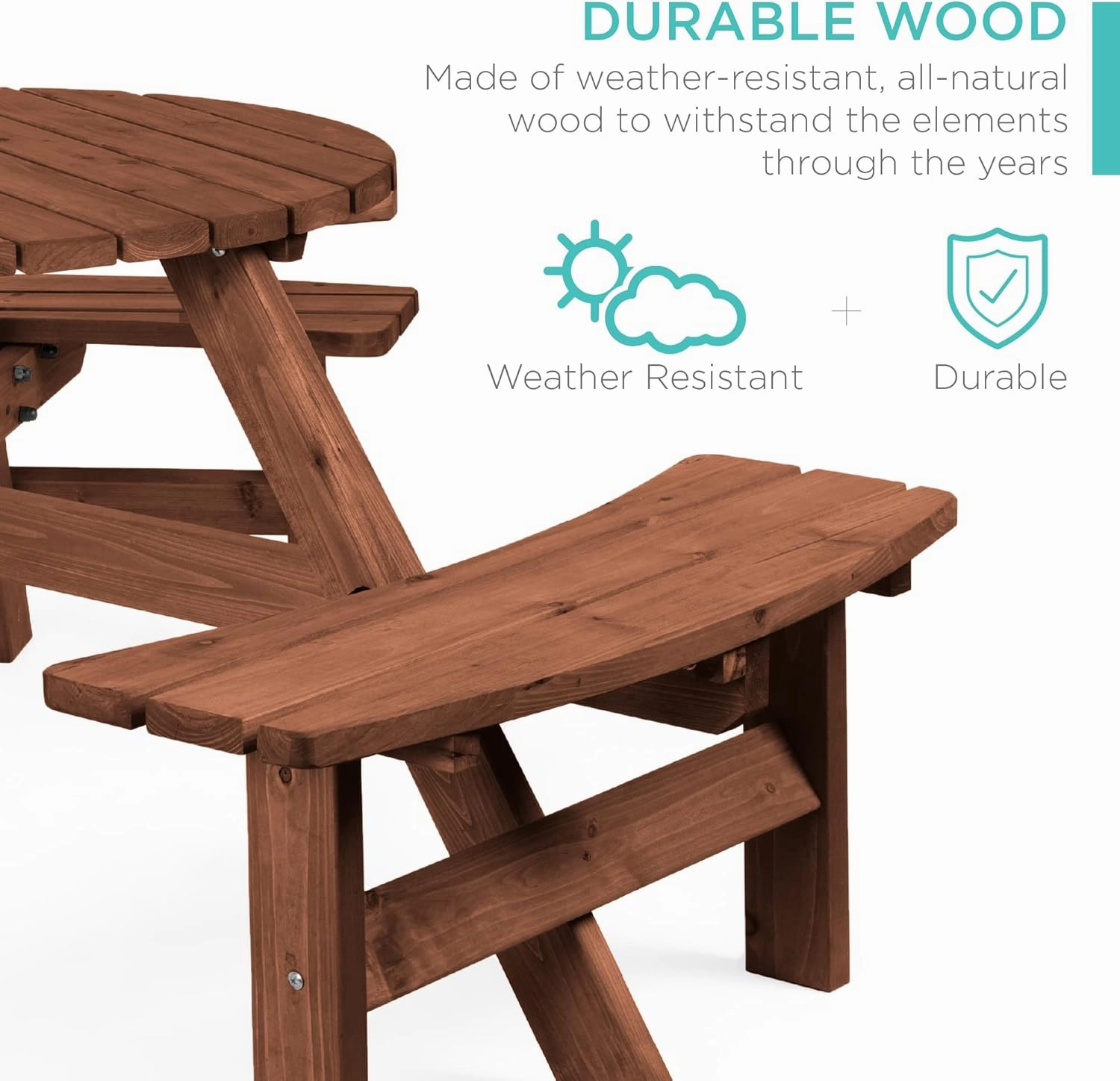 Best Choice Products 6-Person Circular Outdoor Wooden Picnic Table for Patio, Backyard, Garden, DIY w/ 3 Built-in Benches, 500lb Capacity - Walnut Brown