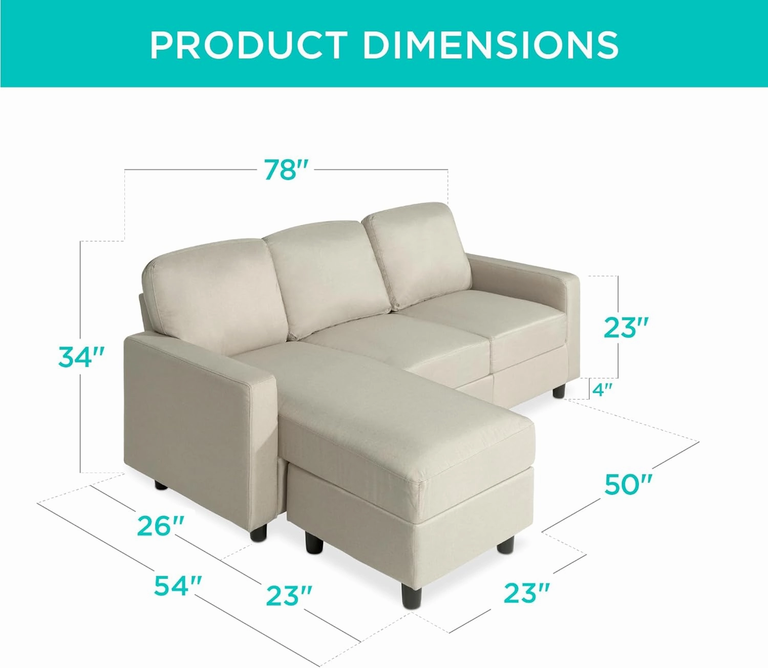 Best Choice Products Upholstered Sectional Sofa for Home, Apartment, Dorm, Bonus Room, Compact Spaces w/Chaise Lounge, 3-Seat, L-Shape Design, Reversible Ottoman Bench, 680lb Capacity - Beige