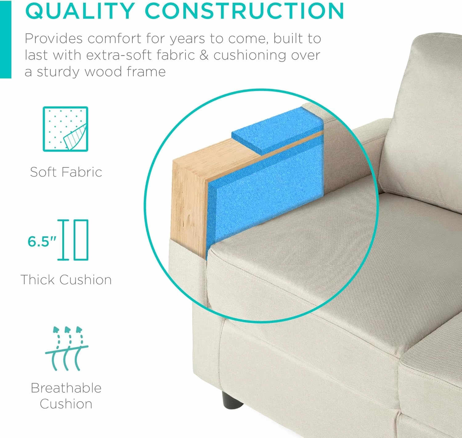 Best Choice Products Upholstered Sectional Sofa for Home, Apartment, Dorm, Bonus Room, Compact Spaces w/Chaise Lounge, 3-Seat, L-Shape Design, Reversible Ottoman Bench, 680lb Capacity - Beige