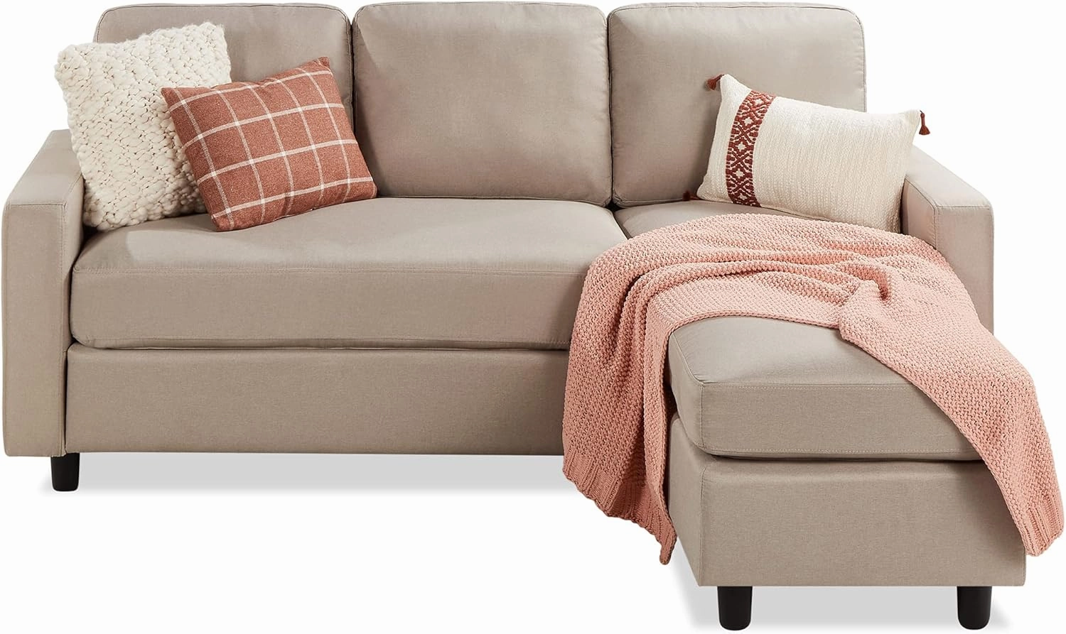 Best Choice Products Upholstered Sectional Sofa for Home, Apartment, Dorm, Bonus Room, Compact Spaces w/Chaise Lounge, 3-Seat, L-Shape Design, Reversible Ottoman Bench, 680lb Capacity - Beige