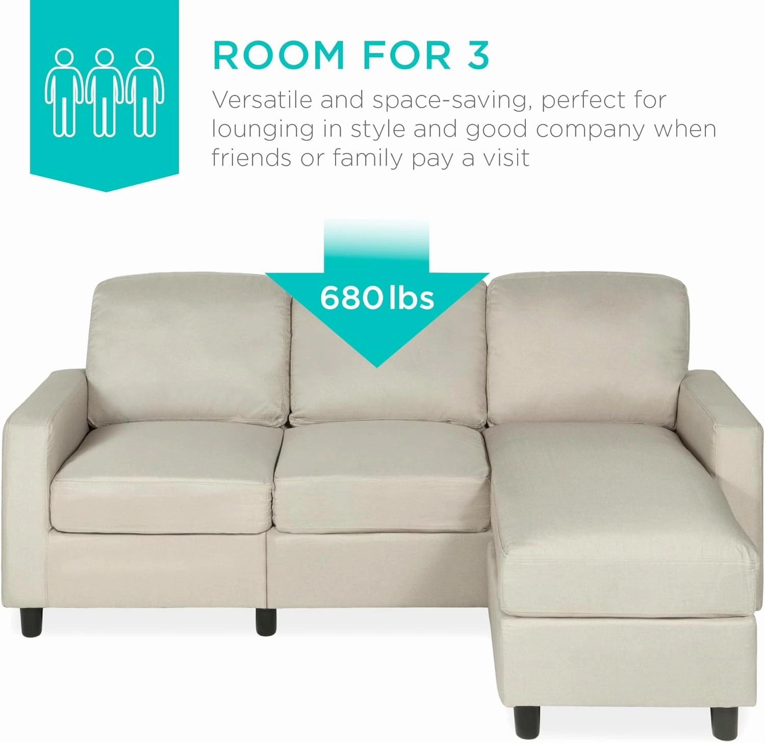 Best Choice Products Upholstered Sectional Sofa for Home, Apartment, Dorm, Bonus Room, Compact Spaces w/Chaise Lounge, 3-Seat, L-Shape Design, Reversible Ottoman Bench, 680lb Capacity - Beige