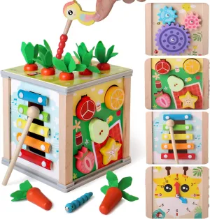 BESTAMTOY 6 in 1 Wooden Activity Cube,Montessori Baby Toys for 3 Year Old, Sorting & Stacking Board, Montessori Early Educational Toys, Boy and Girl Birthday Gift