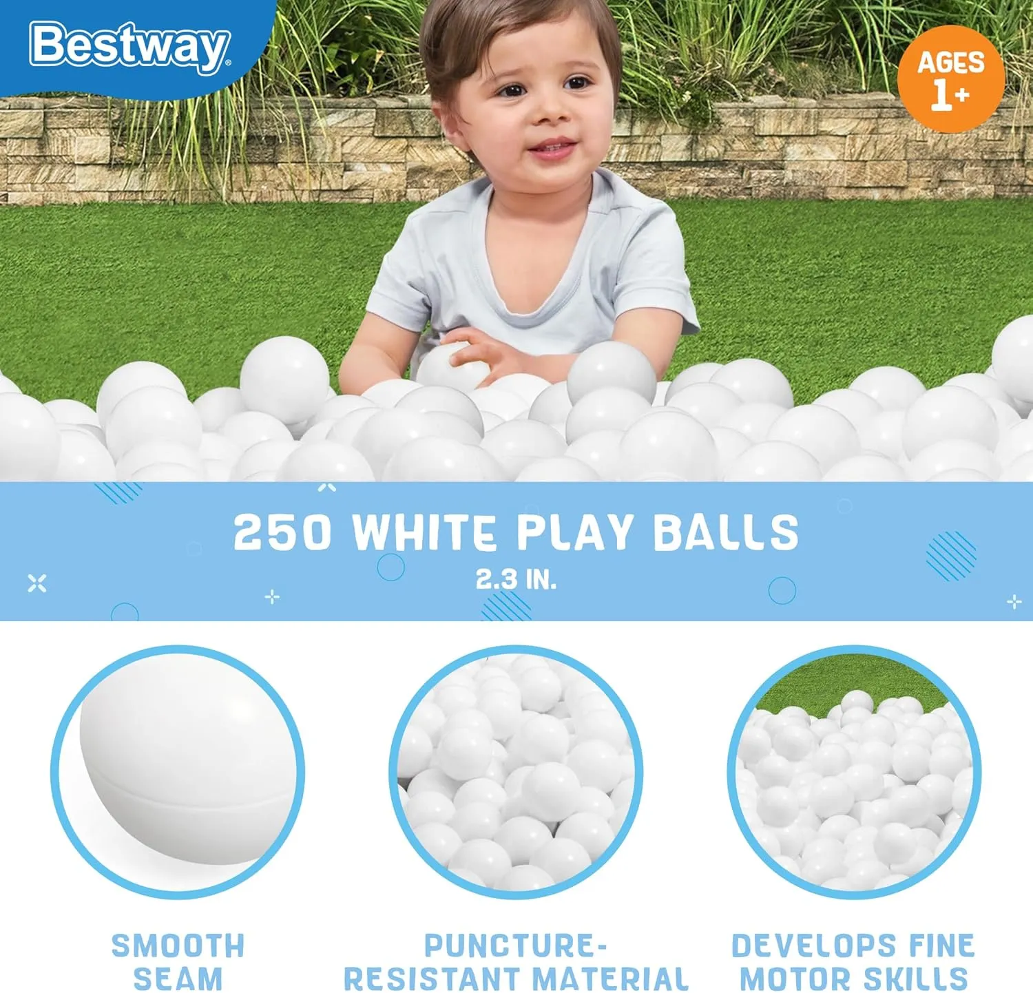 Bestway Plastic White Play Balls 250ct | Great for Indoor and Outdoor Playpens, Ball Pits, Bouncers, Kiddie Pools