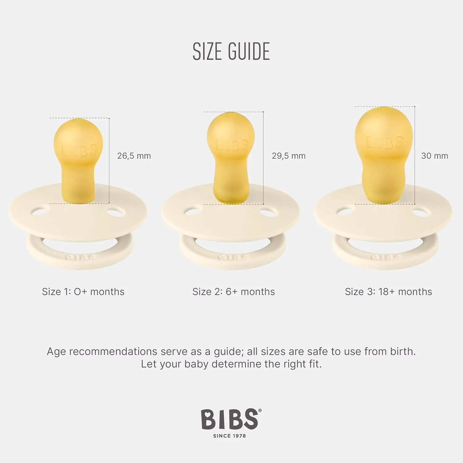 BIBS Colour Pacifier 4-Pack, BPA Free Dummy Pacifier, Round Nipple. Natural Rubber Latex, Made in Denmark, Size 1 (0-6 Months), Ivory