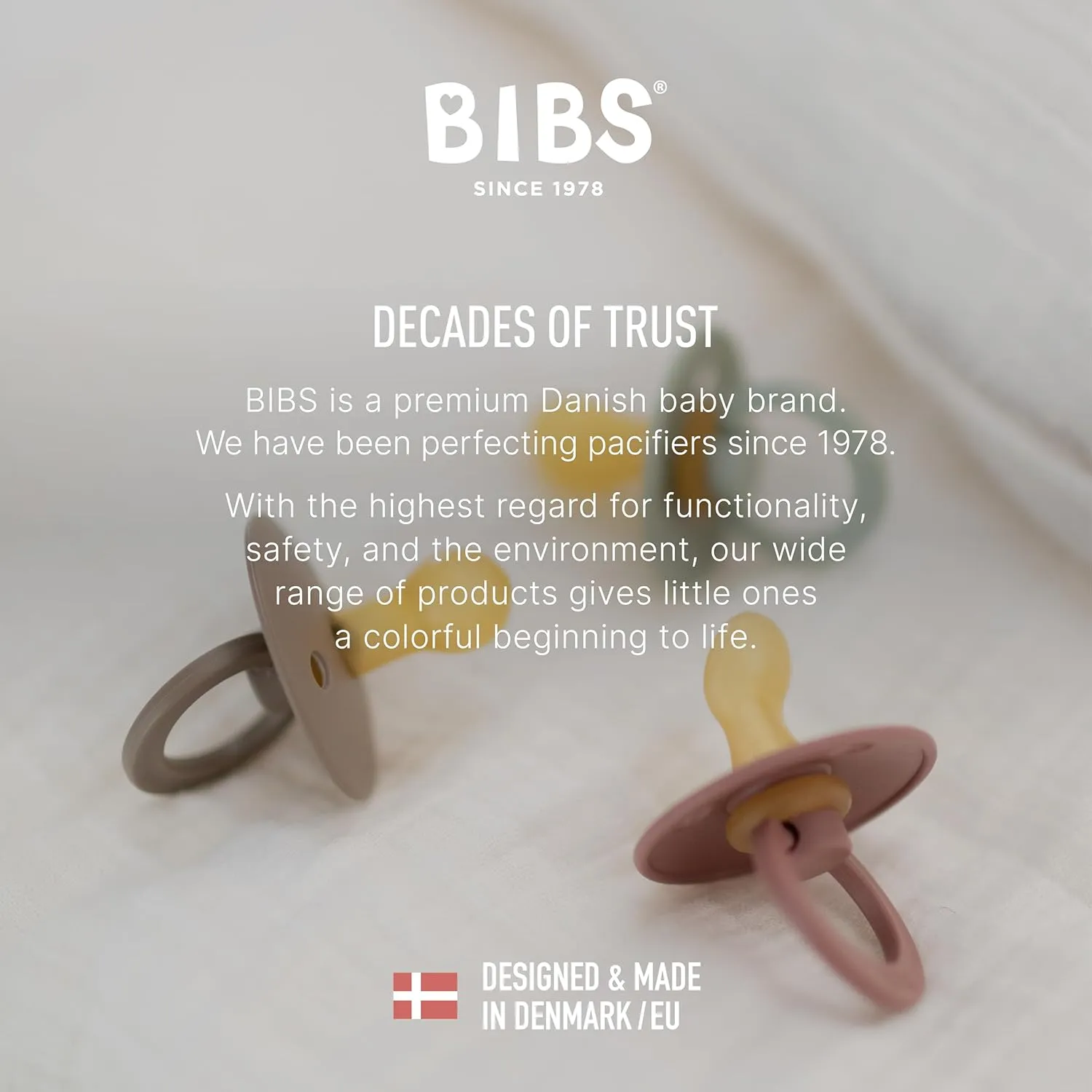 BIBS Colour Pacifier 4-Pack, BPA Free Dummy Pacifier, Round Nipple. Natural Rubber Latex, Made in Denmark, Size 1 (0-6 Months), Ivory