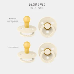 BIBS Colour Pacifier 4-Pack, BPA Free Dummy Pacifier, Round Nipple. Natural Rubber Latex, Made in Denmark, Size 1 (0-6 Months), Ivory