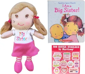 Big Sister Gift Bundle: Blonde Hair Doll, 'I Am a Big Sister' Book & Stickers (3 Items) - Sibling Gift for New Baby or Toddler