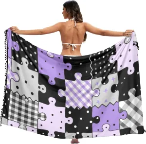 Black and Purple Creative Puzzle Check Pattern SwimSwear Cover Up for Beach Vacation Loose Beach Cover Ups For Women Swim Suit 45x70in