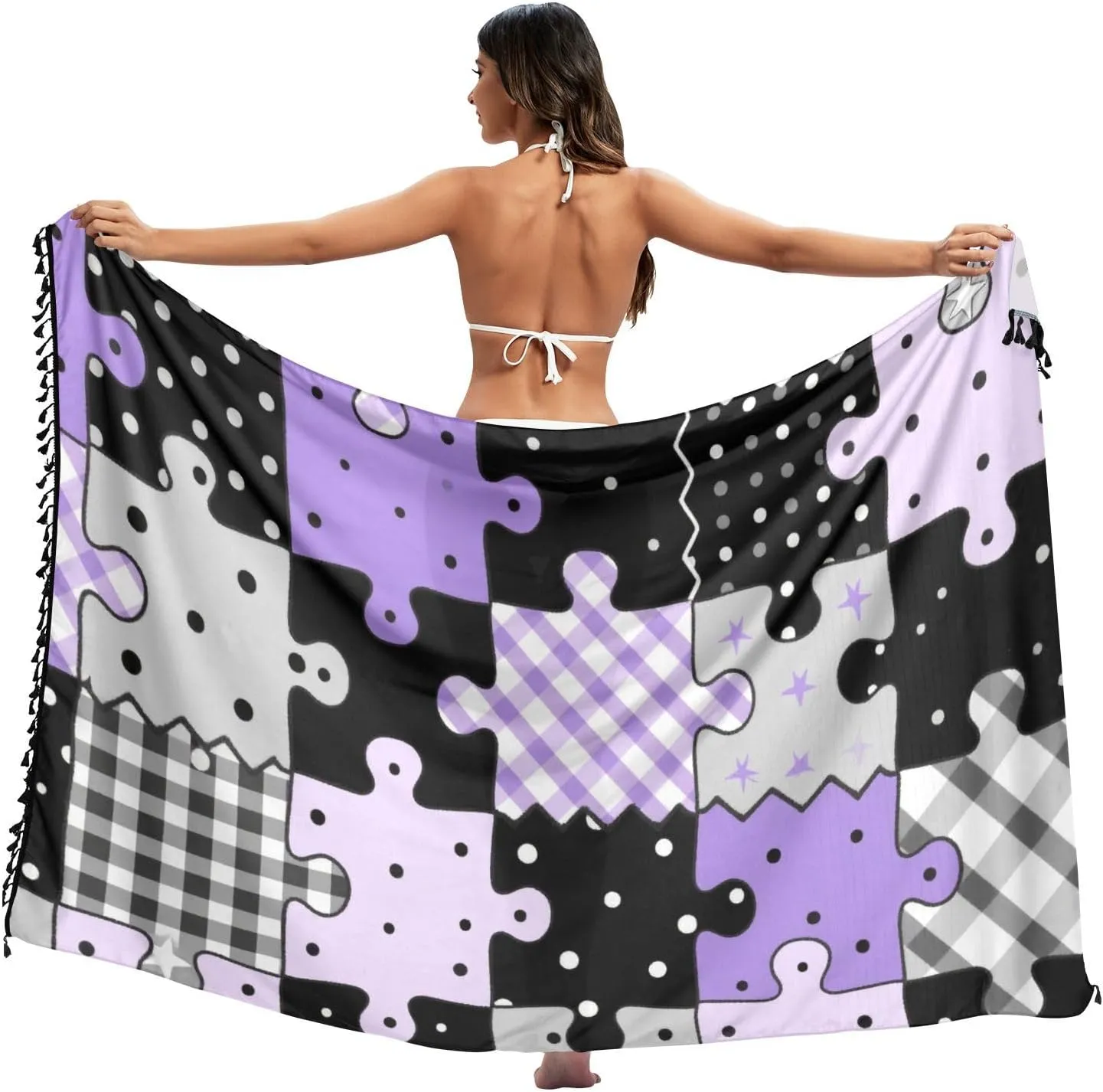 Black and Purple Creative Puzzle Check Pattern SwimSwear Cover Up for Beach Vacation Loose Beach Cover Ups For Women Swim Suit 45x70in