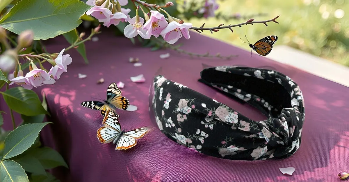 Black Bloom Floral Pattern, Colorful Spring Flower Satin Headbands for Women, Silk Feel, Soft Fabric, Knotted Headband Fashion Designer Top Knot