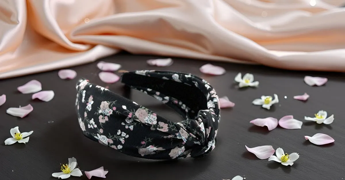 Black Bloom Floral Pattern, Colorful Spring Flower Satin Headbands for Women, Silk Feel, Soft Fabric, Knotted Headband Fashion Designer Top Knot