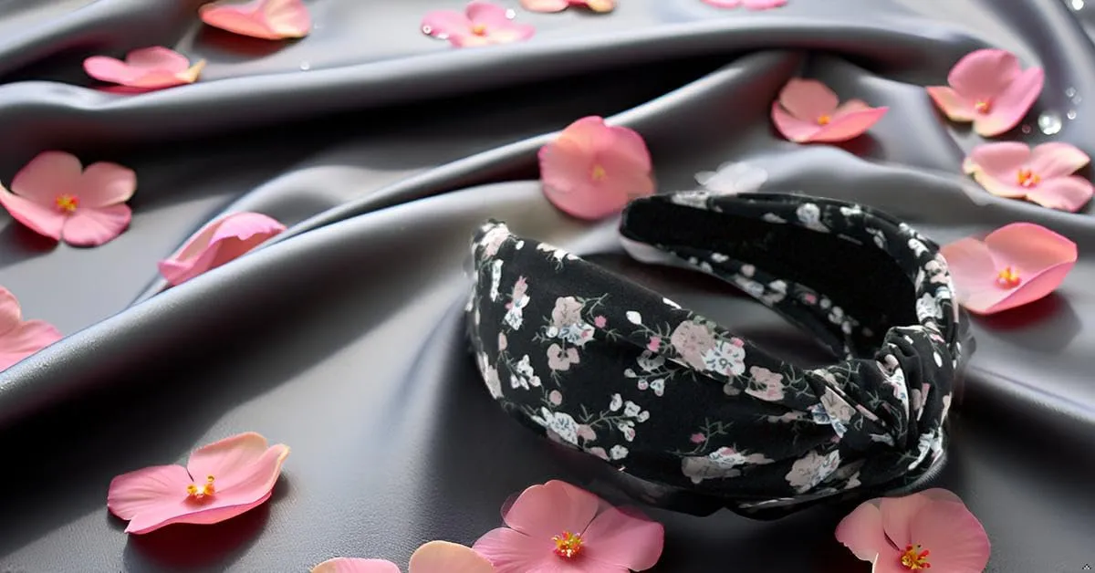 Black Bloom Floral Pattern, Colorful Spring Flower Satin Headbands for Women, Silk Feel, Soft Fabric, Knotted Headband Fashion Designer Top Knot