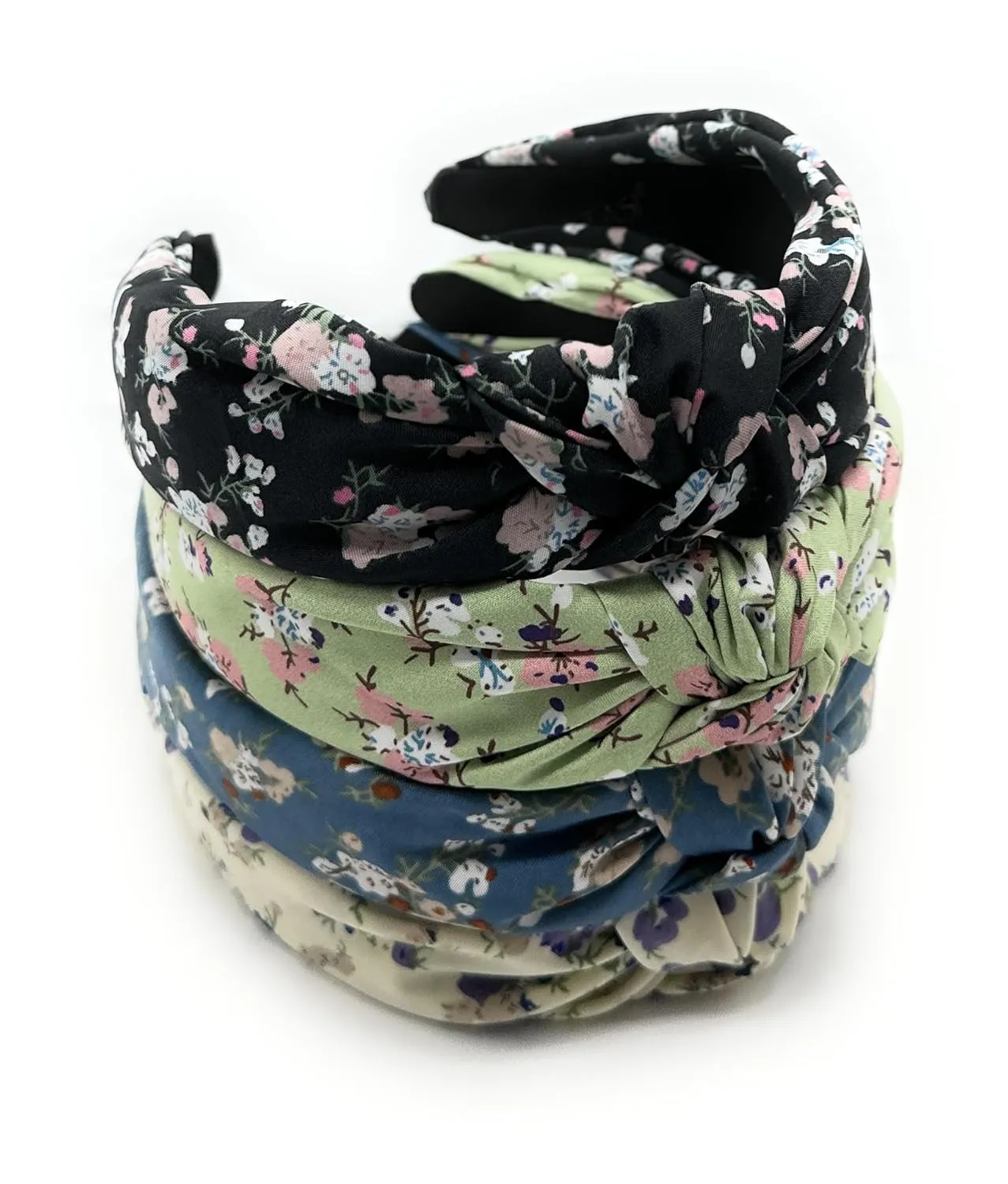 Black Bloom Floral Pattern, Colorful Spring Flower Satin Headbands for Women, Silk Feel, Soft Fabric, Knotted Headband Fashion Designer Top Knot
