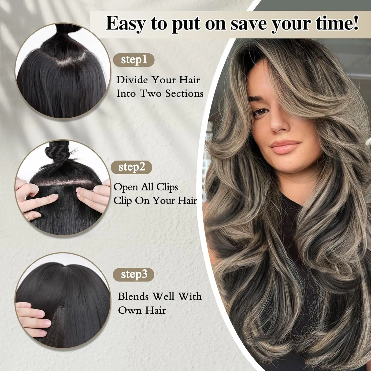 Black Mix Blonde Long Straight Layered Hair Extensions Soft Synthetic Clip in Hair Extensions Clip ins for Women