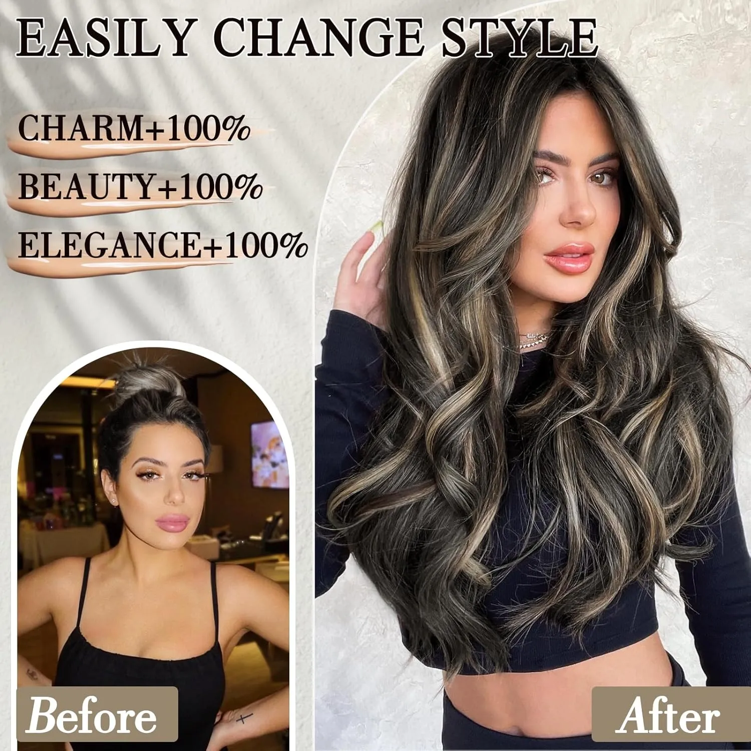 Black Mix Blonde Long Straight Layered Hair Extensions Soft Synthetic Clip in Hair Extensions Clip ins for Women