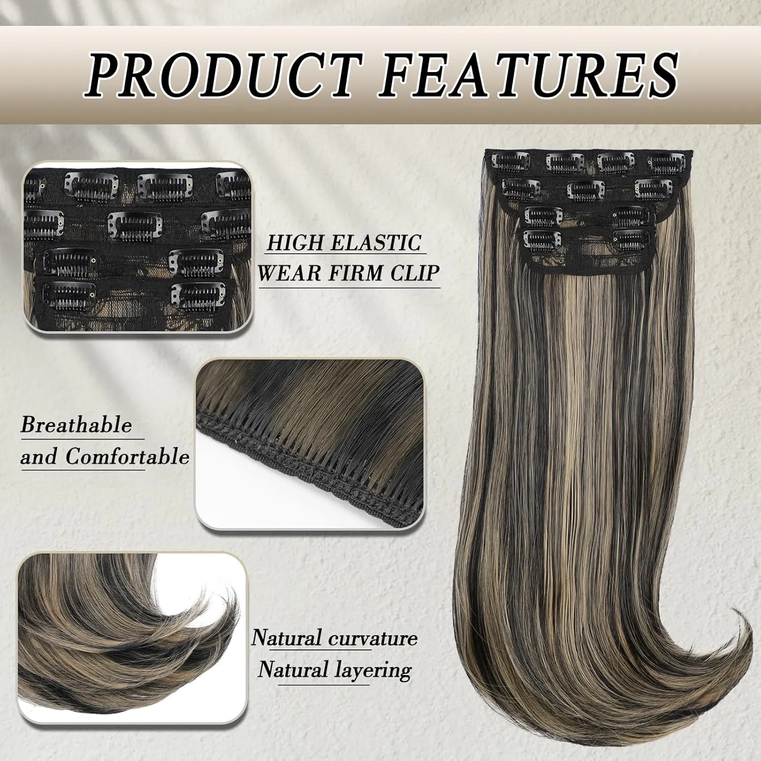 Black Mix Blonde Long Straight Layered Hair Extensions Soft Synthetic Clip in Hair Extensions Clip ins for Women