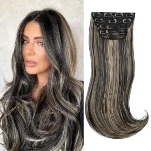 Black Mix Blonde Long Straight Layered Hair Extensions Soft Synthetic Clip in Hair Extensions Clip ins for Women