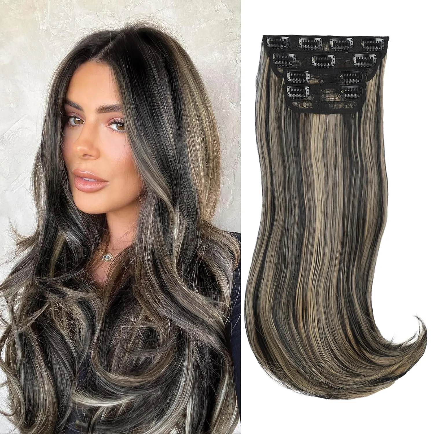 Black Mix Blonde Long Straight Layered Hair Extensions Soft Synthetic Clip in Hair Extensions Clip ins for Women