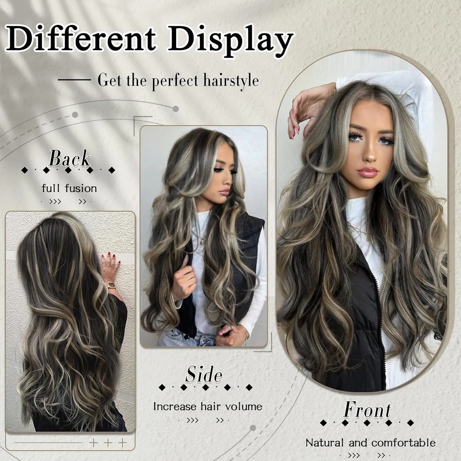 Black Mix Blonde Long Straight Layered Hair Extensions Soft Synthetic Clip in Hair Extensions Clip ins for Women