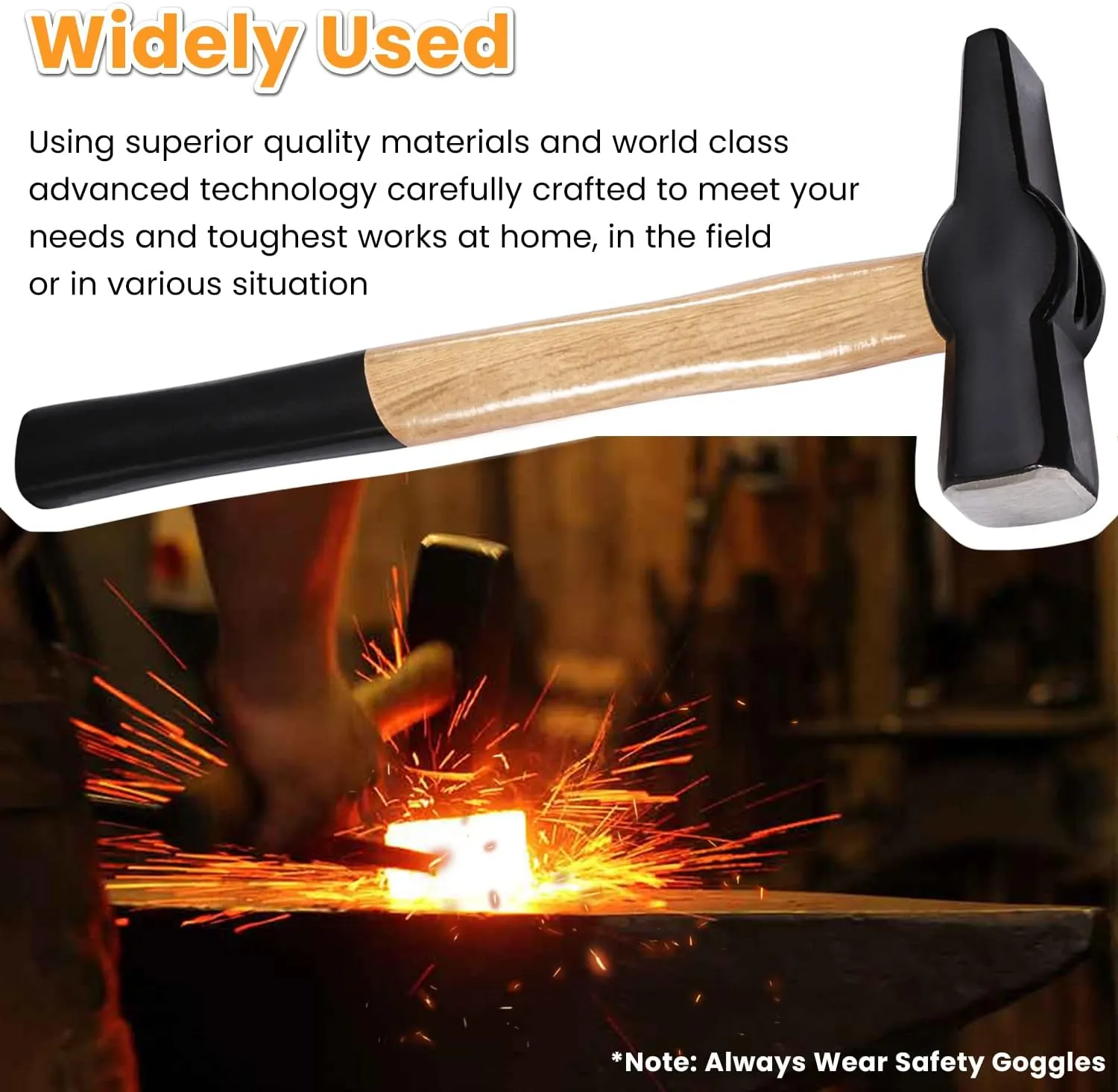 Blacksmiths' Hammer 0000811-1000 Professional Metalworking Forging Tool Swedish Pattern Round Square Face Cross Peen Engineer Hammer with Wooden Handle Black Head (2.2 lbs/1000g)