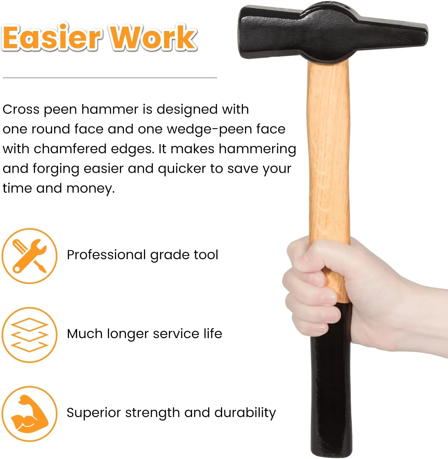 Blacksmiths' Hammer 0000811-1000 Professional Metalworking Forging Tool Swedish Pattern Round Square Face Cross Peen Engineer Hammer with Wooden Handle Black Head (2.2 lbs/1000g)
