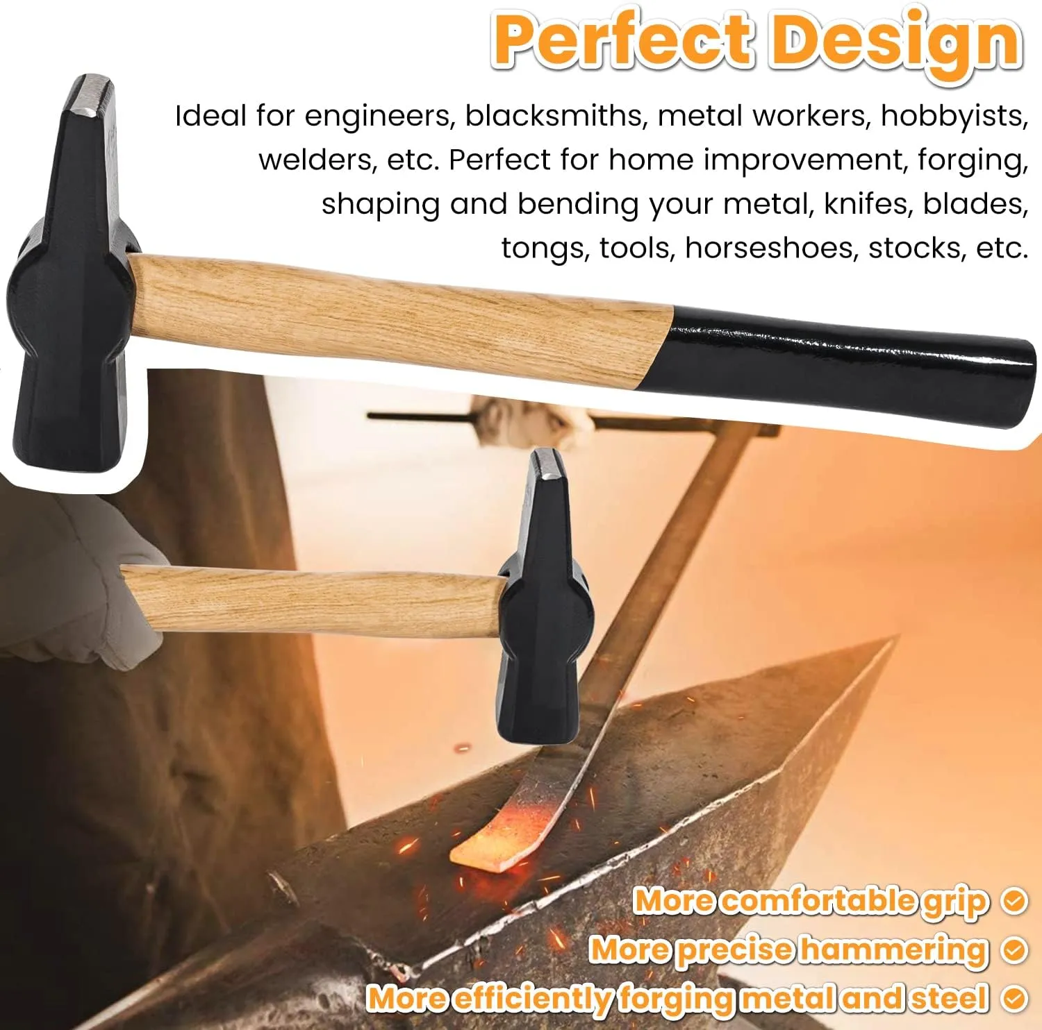 Blacksmiths' Hammer 0000811-1000 Professional Metalworking Forging Tool Swedish Pattern Round Square Face Cross Peen Engineer Hammer with Wooden Handle Black Head (2.2 lbs/1000g)