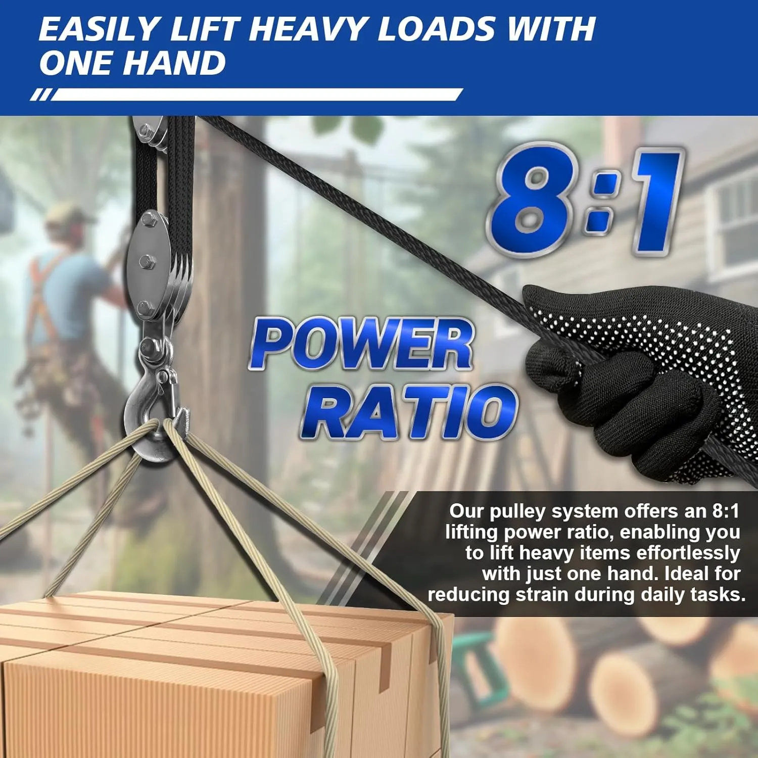 Block and Tackle Pulley System, Upgraded 4-Wheel Rope Pulley Hoist, 8:1 Lifting Power, 2200LB Work Load with 65Ft of 1/4" Rope, Ultra-Compact Rope Hoist for Garage, Hunting, and Heavy Lifting
