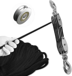 Block and Tackle Pulley System, Upgraded 4-Wheel Rope Pulley Hoist, 8:1 Lifting Power, 2200LB Work Load with 65Ft of 1/4" Rope, Ultra-Compact Rope Hoist for Garage, Hunting, and Heavy Lifting