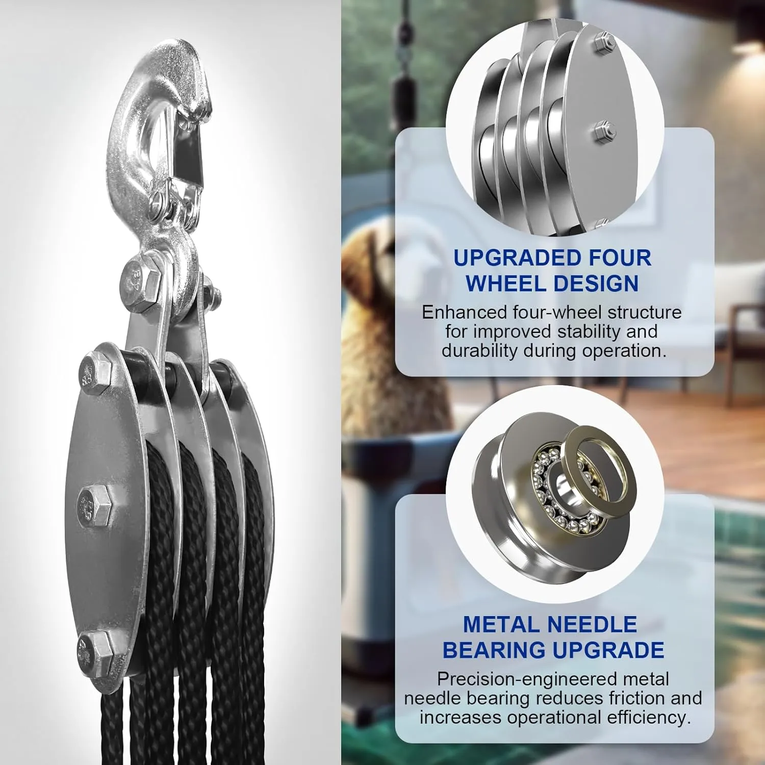 Block and Tackle Pulley System, Upgraded 4-Wheel Rope Pulley Hoist, 8:1 Lifting Power, 2200LB Work Load with 65Ft of 1/4" Rope, Ultra-Compact Rope Hoist for Garage, Hunting, and Heavy Lifting