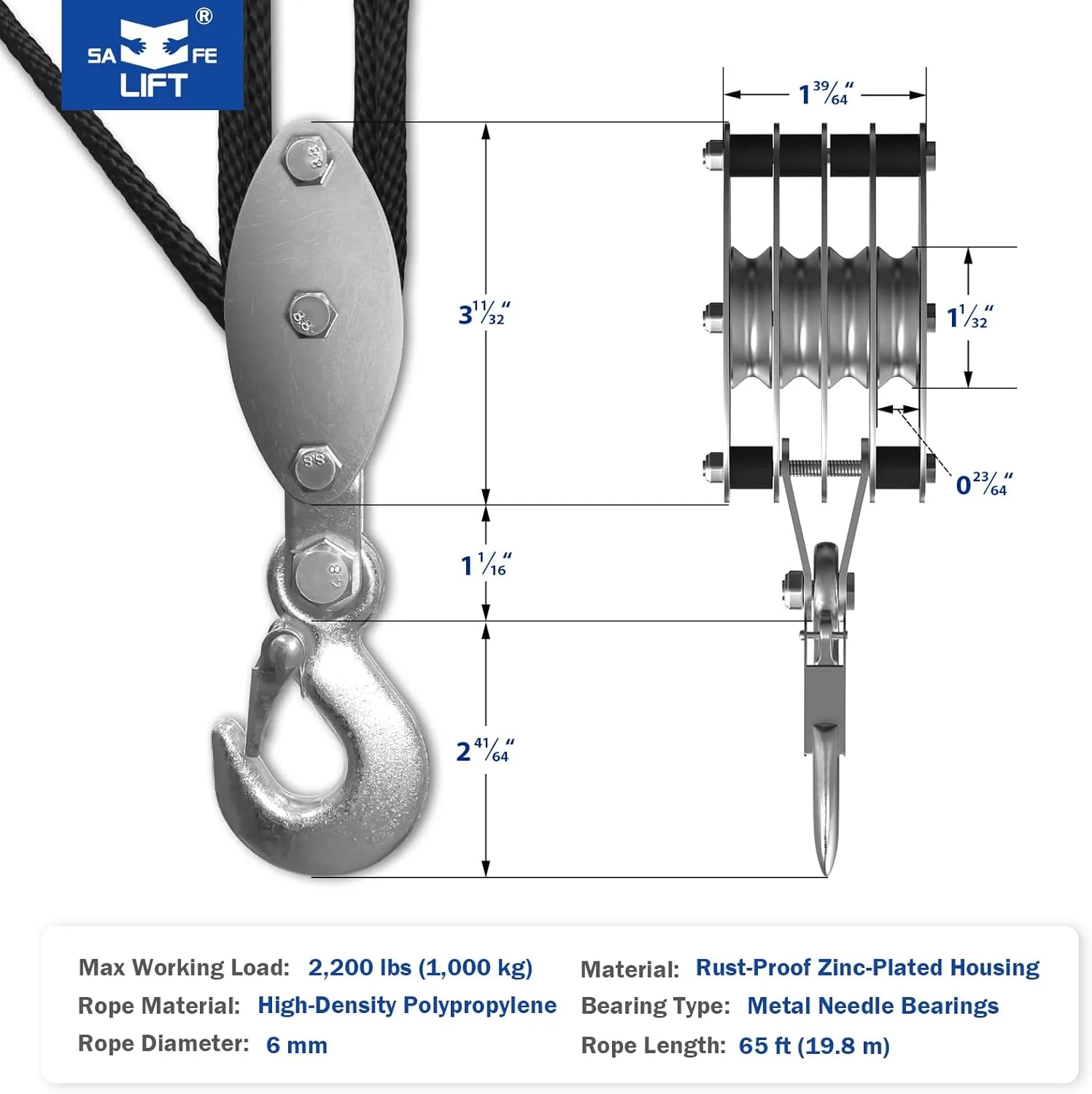 Block and Tackle Pulley System, Upgraded 4-Wheel Rope Pulley Hoist, 8:1 Lifting Power, 2200LB Work Load with 65Ft of 1/4" Rope, Ultra-Compact Rope Hoist for Garage, Hunting, and Heavy Lifting