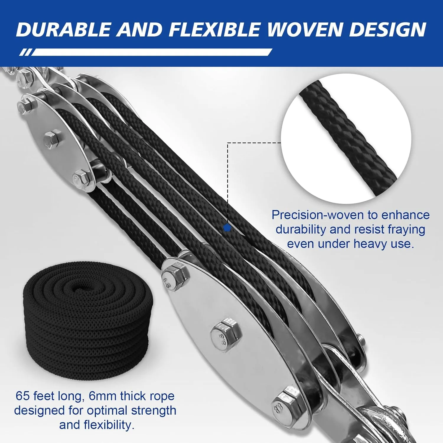 Block and Tackle Pulley System, Upgraded 4-Wheel Rope Pulley Hoist, 8:1 Lifting Power, 2200LB Work Load with 65Ft of 1/4" Rope, Ultra-Compact Rope Hoist for Garage, Hunting, and Heavy Lifting