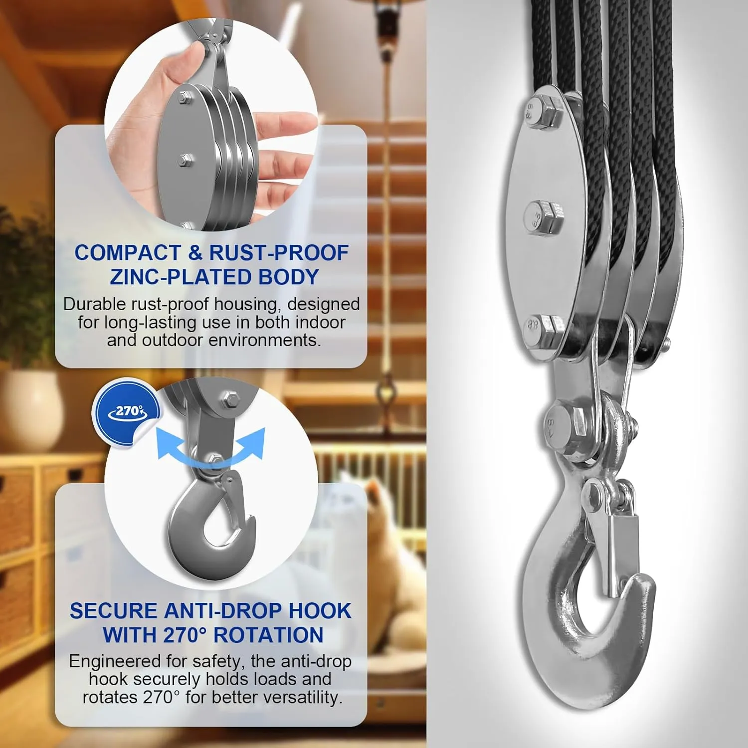 Block and Tackle Pulley System, Upgraded 4-Wheel Rope Pulley Hoist, 8:1 Lifting Power, 2200LB Work Load with 65Ft of 1/4" Rope, Ultra-Compact Rope Hoist for Garage, Hunting, and Heavy Lifting