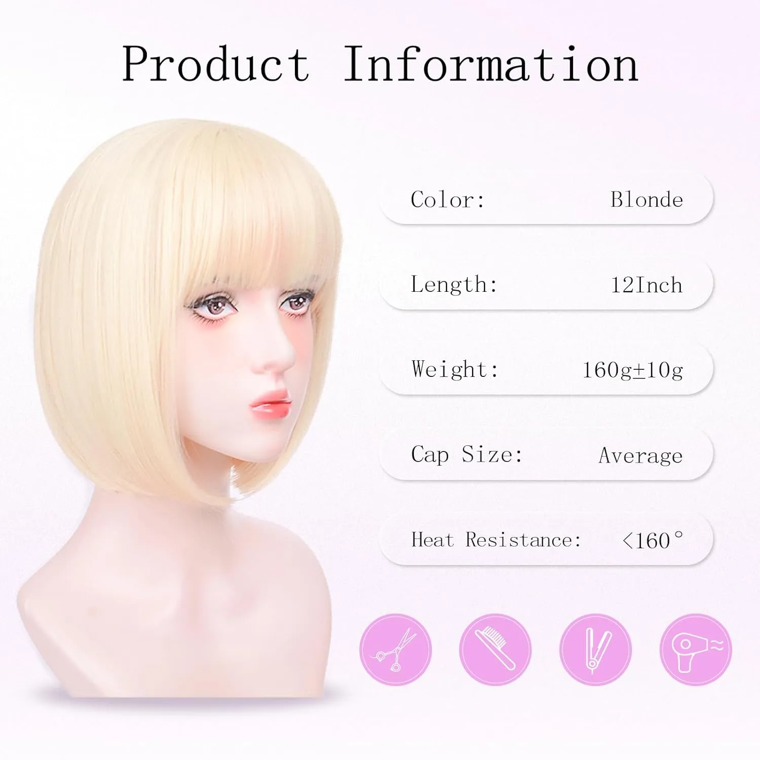 Blonde Bob Wigs for White Women - 12'' Short Bob Wigs With Bangs Natural Fashion Synthetic Wig Colorful Synthetic Hair for Daily Cosplay Halloween