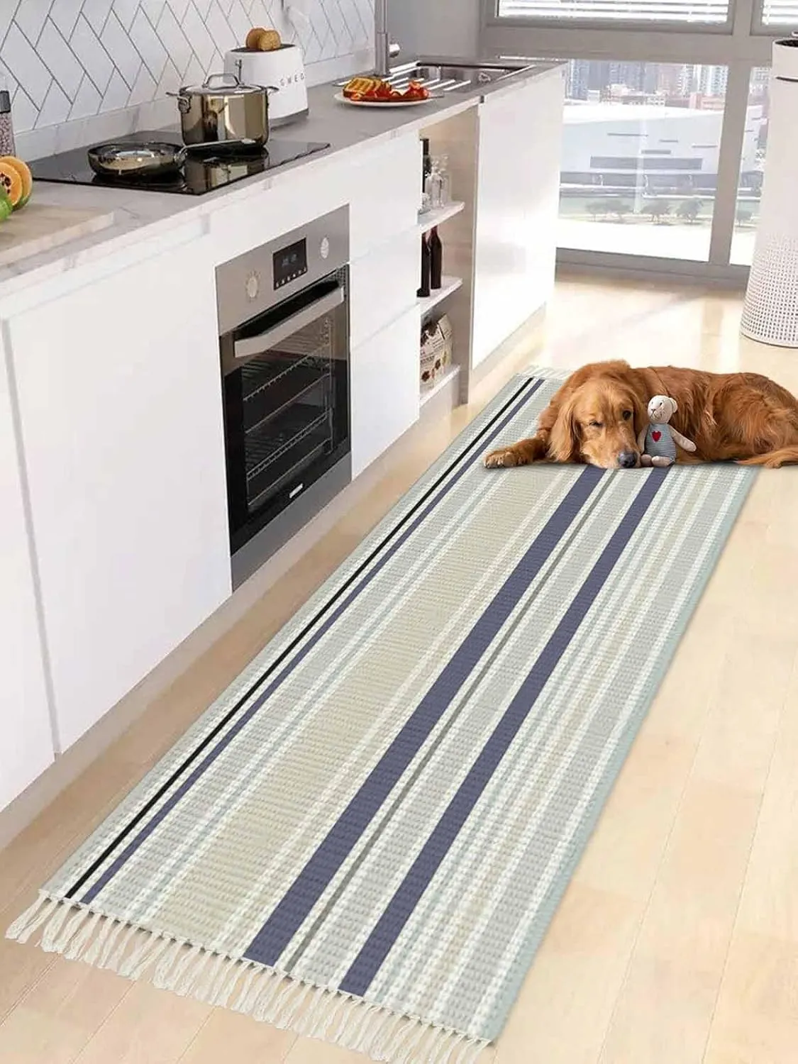 Blue Beige White Hallway Runner Rug 2X6 Ft Kitchen Carpet, Washable Woven Throw Carpet with Tassel, Modern Farmhouse Colorful Stripes Non-Shedding Bedroom Laundry Rugs